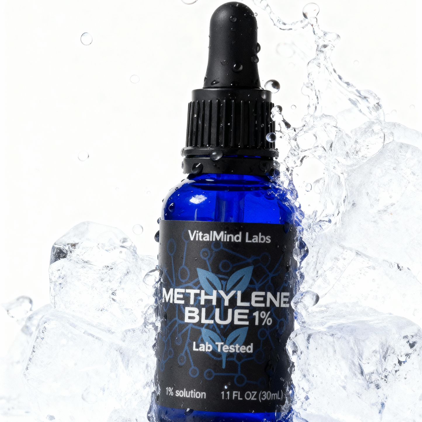 Bottle of Methylene Blue solution from VitalMind Labs with water splashes on a white background