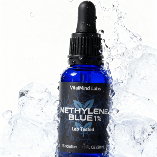 Bottle of Methylene Blue solution from VitalMind Labs with water splashes on a white background