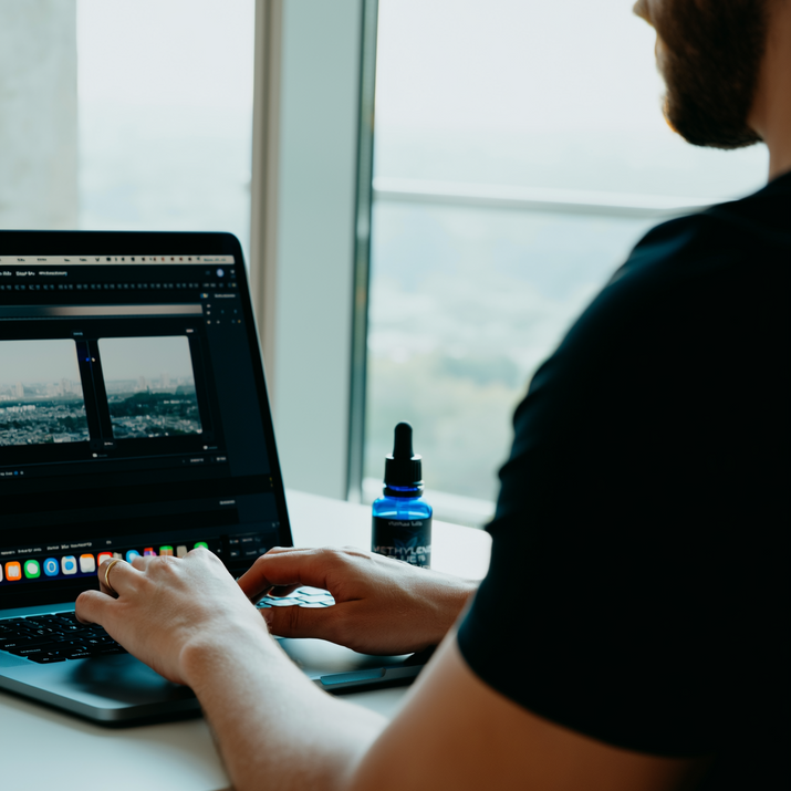 Person using a laptop at a desk with a bottle of oil on a windowsill.